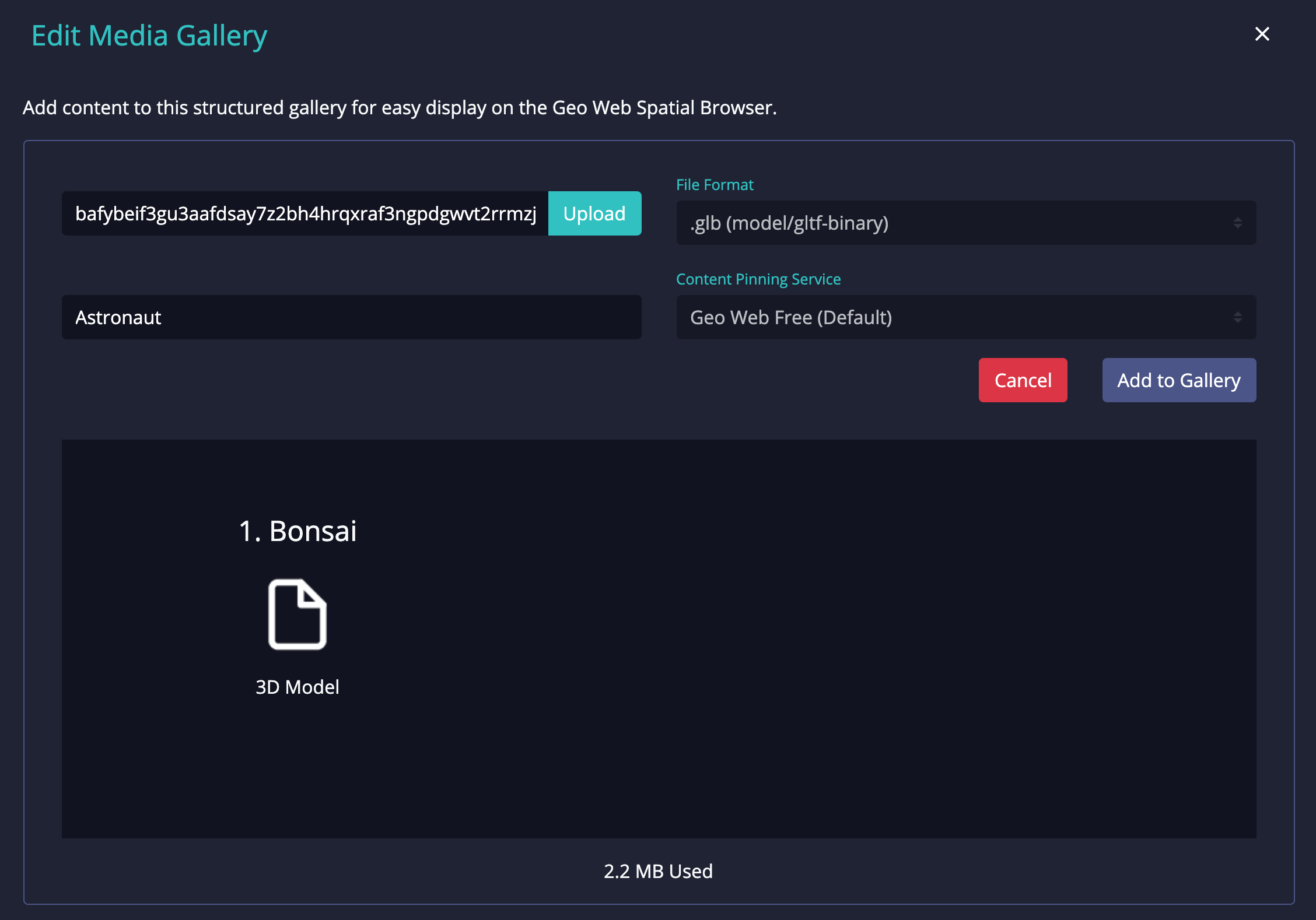 Uploading a 3D model of a Astronaut to IPFS on the Cadastre
