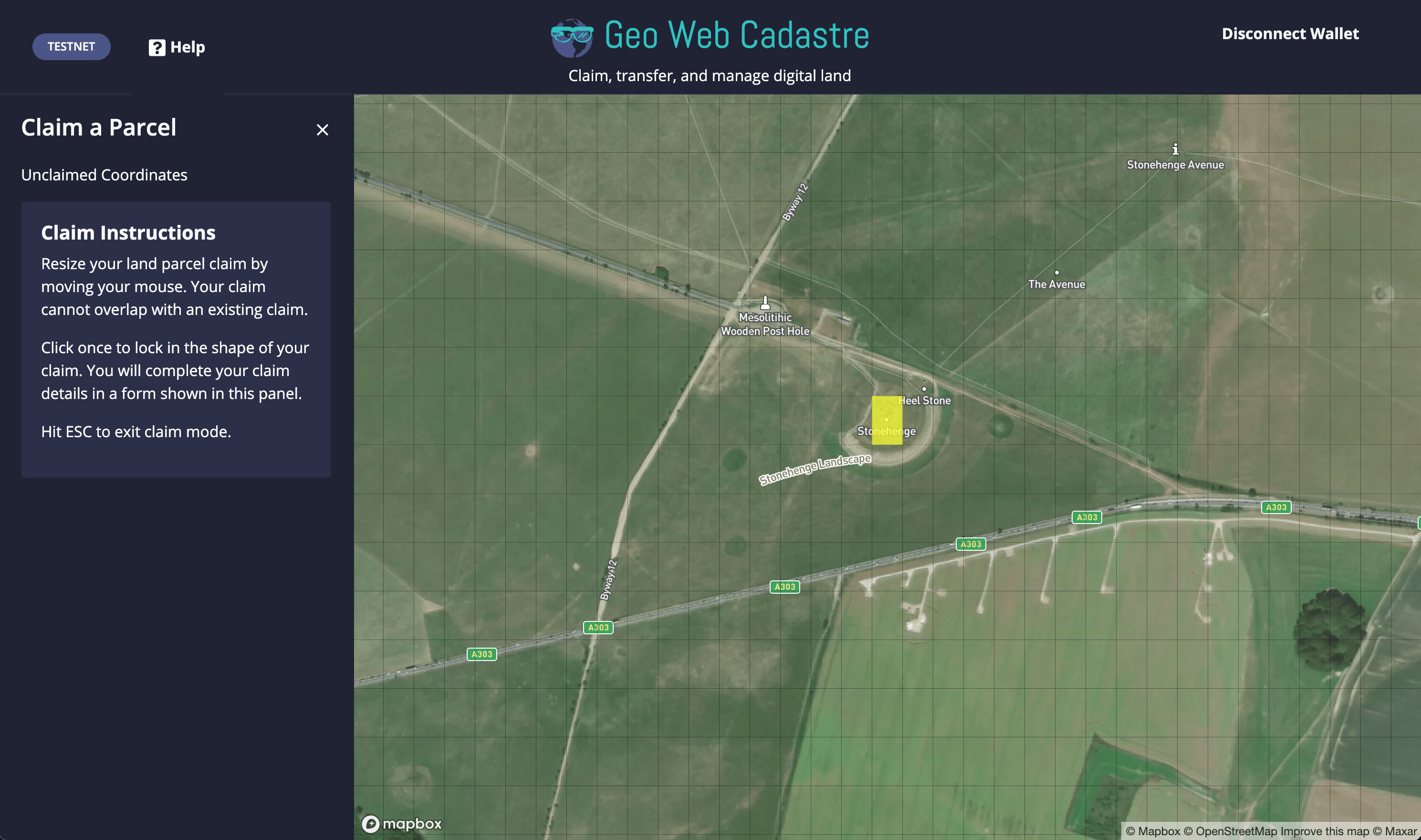 A single Geo Web Coordinate (yellow rectangle) on testnet