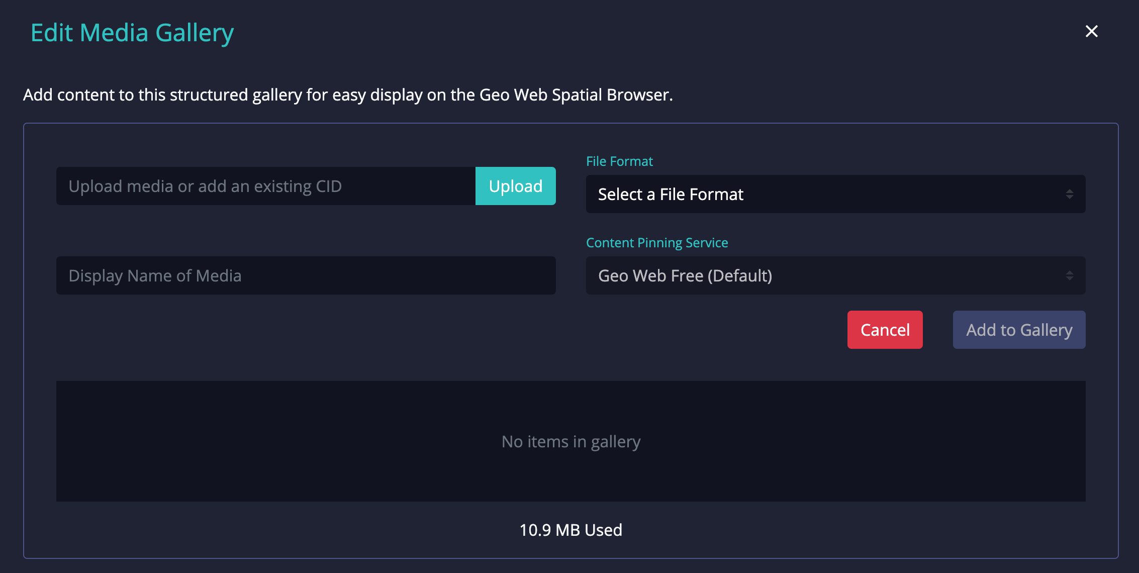 The Cadastre Media Gallery editor with content pinning integration